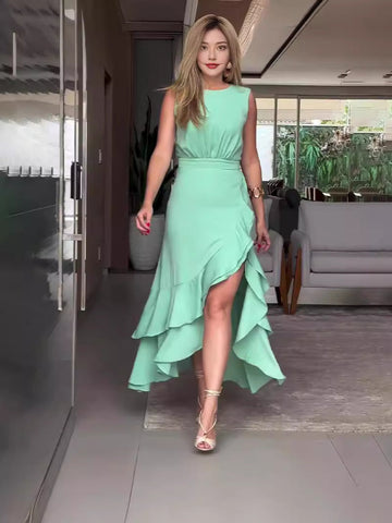 Fashion Round-Necked Wood-Less Solid-Colored Dress In Summer 2024